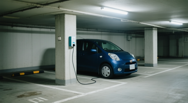 マンションの屋根付き駐車場の柱に設置されたEV用コンセントから車に充電する様子