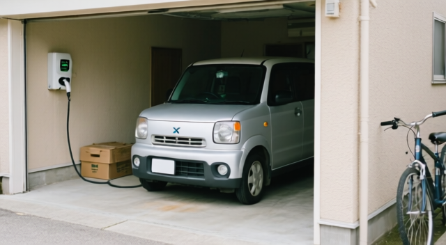 戸建て住宅のカーポートに設置された200V壁掛けEV充電器