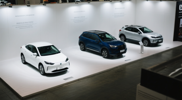隣接する3つのEVブースに展示された各社のコンパクト電気自動車