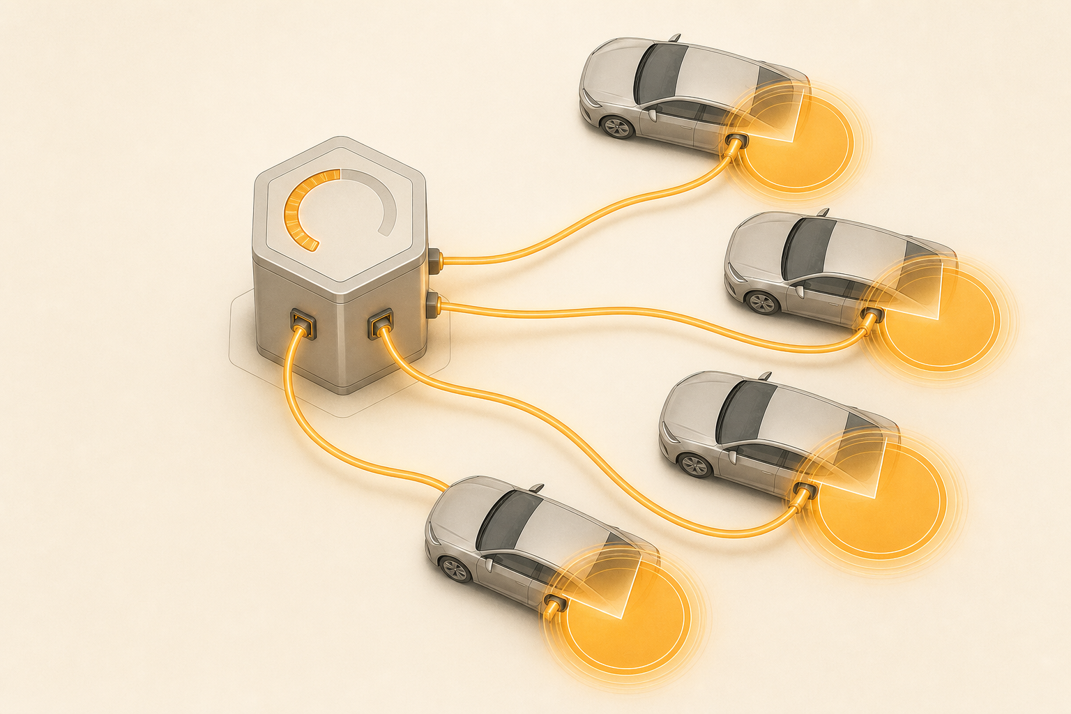 中央の充電ステーションの容量よりも、4台のEVが要求する電力の合計の方が大きいオーバーサブスクライブ構成を示す図