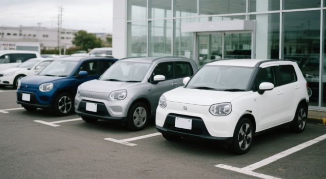 ディーラーの駐車場に並ぶ複数のコンパクト電気自動車