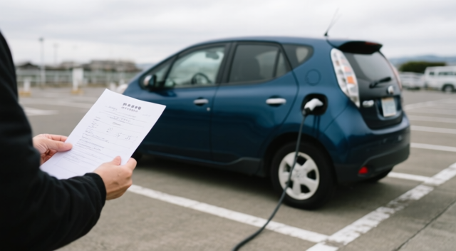 EV充電中の車両と、CEV補助金の申請書類を確認する手元