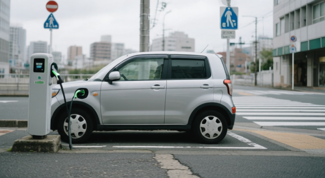 都心の街角に設置されたEV充電器とコンパクト電気自動車